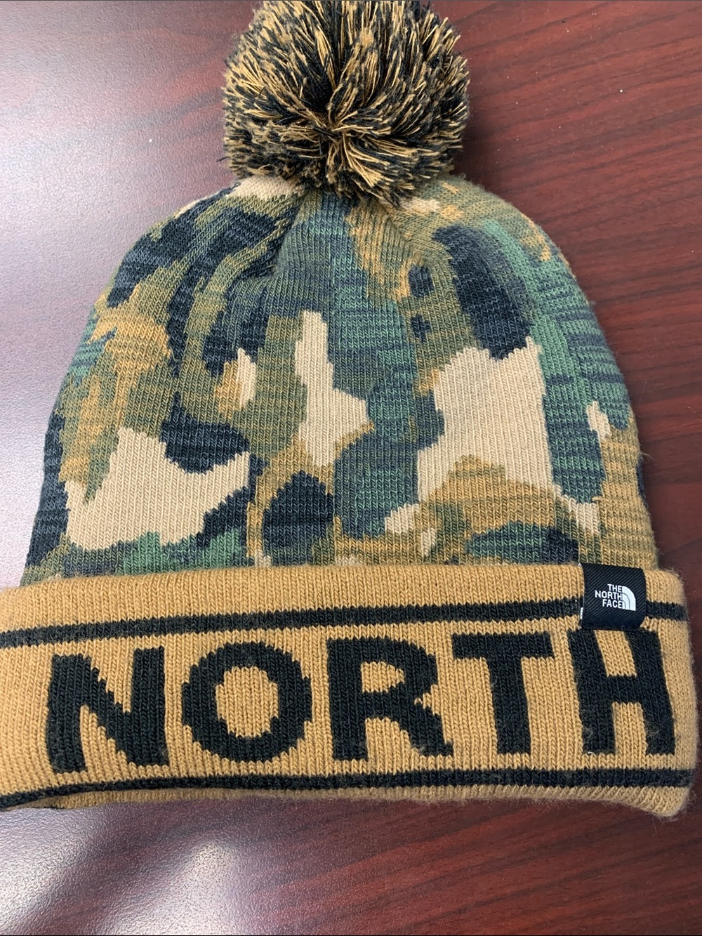 The North Face Kids Camo Pom Beanie in Tan, Green, Black